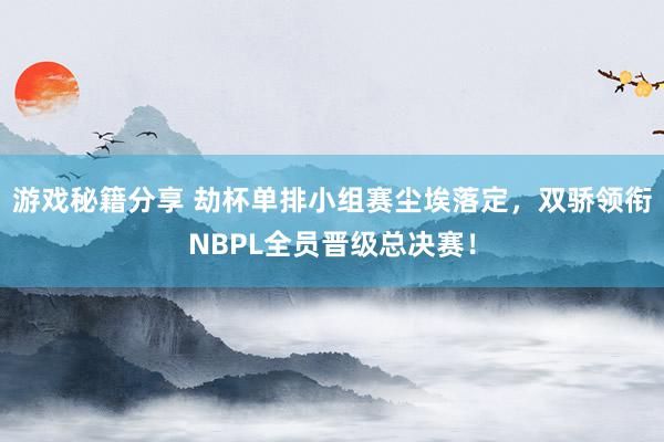 游戏秘籍分享 劫杯单排小组赛尘埃落定，双骄领衔NBPL全员晋级总决赛！